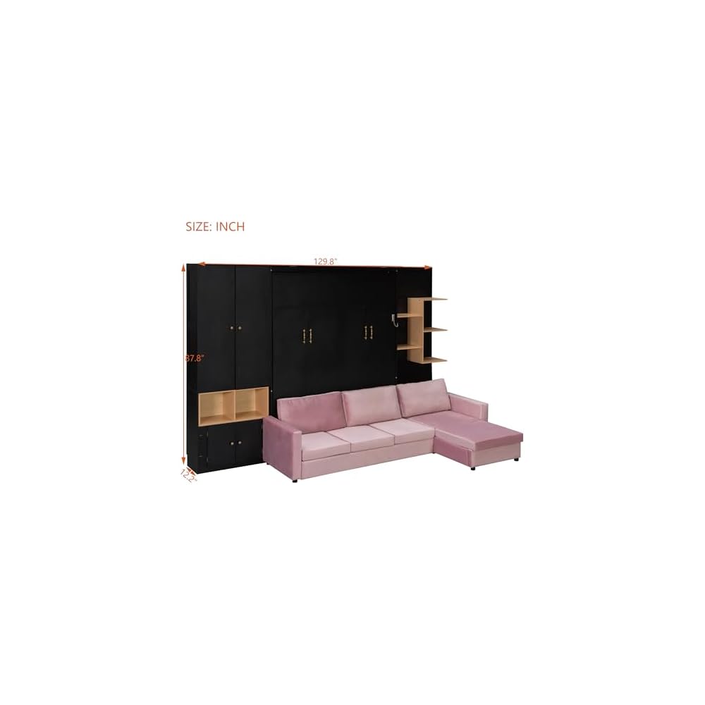 DNYN Queen Size Murphy Bed with Large Sofa and Storage Shelves for Bedroom/Guest/Study Room, Space-Saving Wooden Foldable Wall Bed Frame with Dual LED and Cabinets, No Box Spring Needed