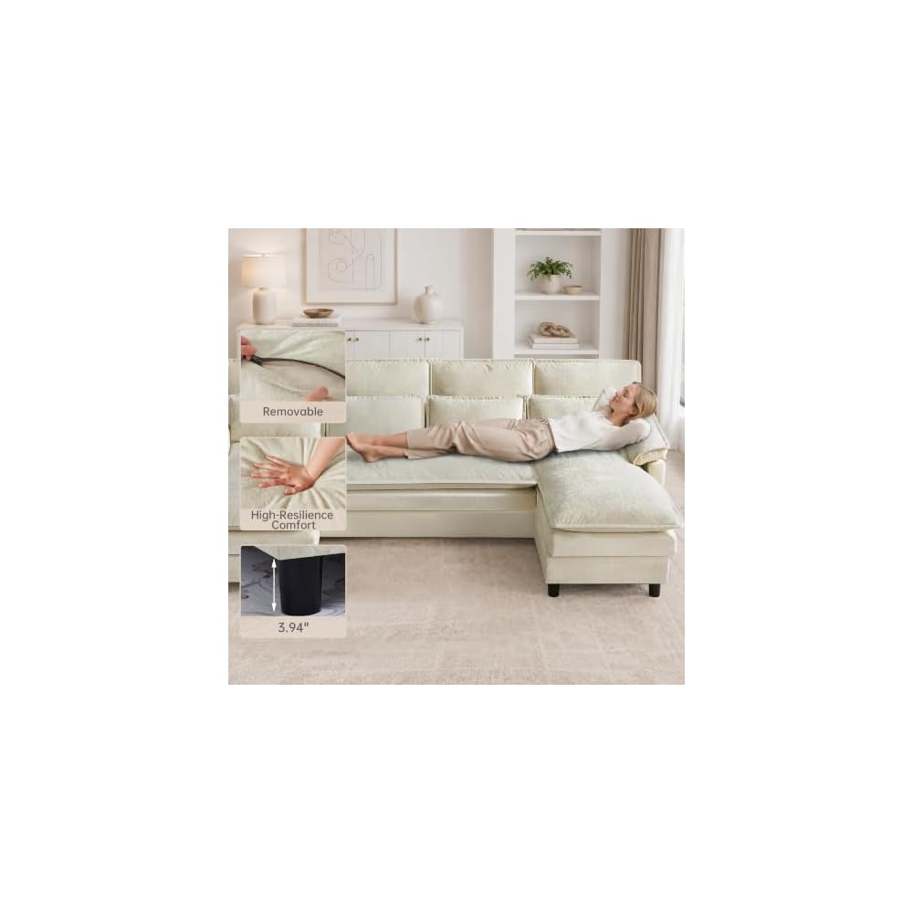 105" U Shaped Sectional Couch for Living Room, 4 Seater Cloud Sofa with Double Chaise and Dual Layer Cushion, Modern Comfy Chenille Upholstered Sofas for Apartment, Bedroom, Beige