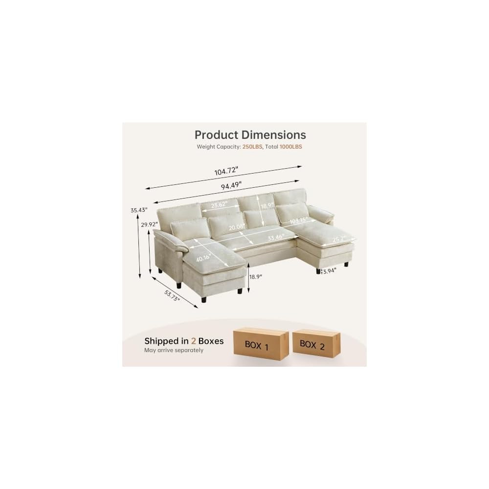 105" U Shaped Sectional Couch for Living Room, 4 Seater Cloud Sofa with Double Chaise and Dual Layer Cushion, Modern Comfy Chenille Upholstered Sofas for Apartment, Bedroom, Beige