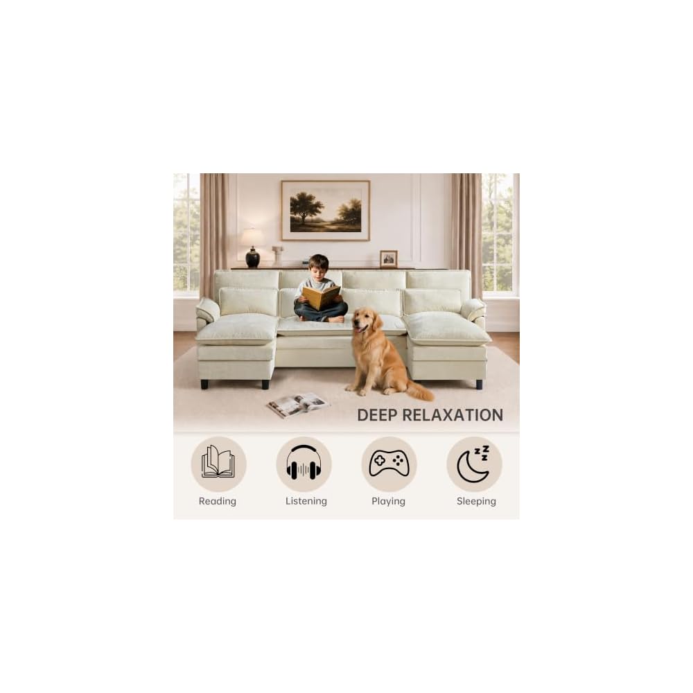 105" U Shaped Sectional Couch for Living Room, 4 Seater Cloud Sofa with Double Chaise and Dual Layer Cushion, Modern Comfy Chenille Upholstered Sofas for Apartment, Bedroom, Beige