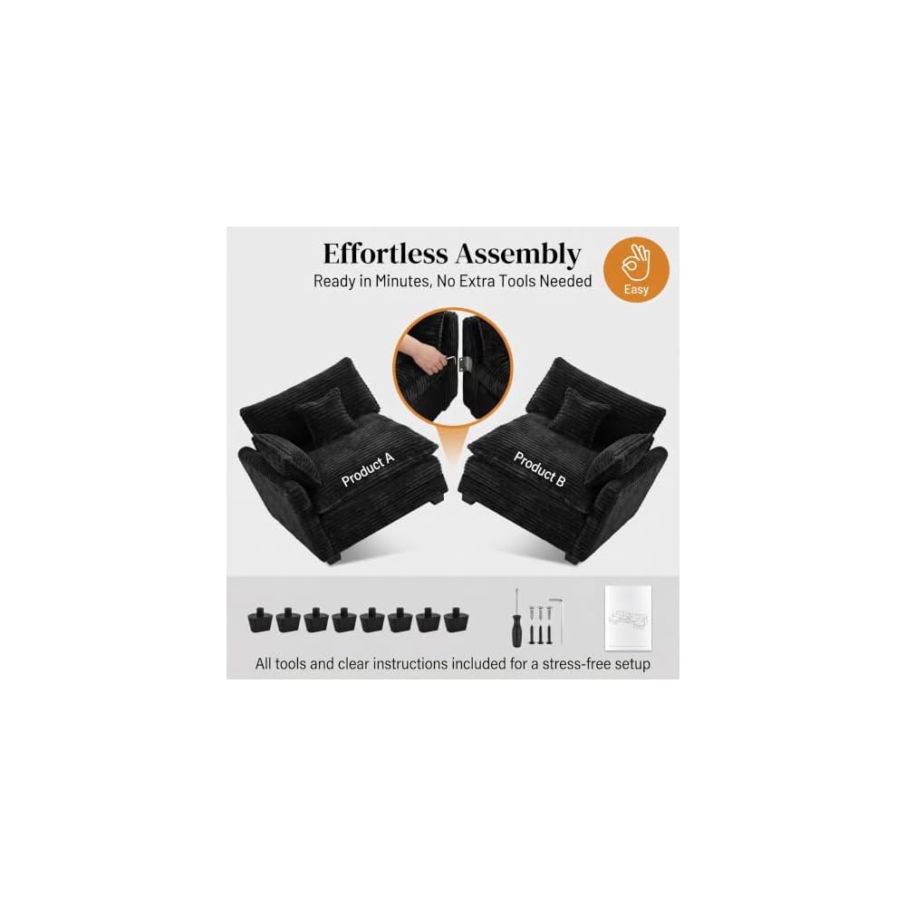 KEIKI 141-Inch U Shaped Corduroy Cloud Couch, 6 Seat Sofa Set, Black