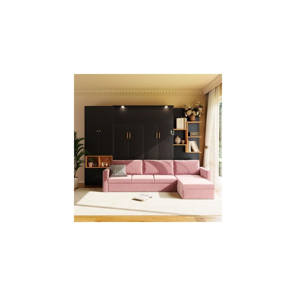 DNYN Queen Size Murphy Bed with Large Sofa and Storage Shelves for Bedroom/Guest/Study Room, Space-Saving Wooden Foldable Wall Bed Frame with Dual LED and Cabinets, No Box Spring Needed