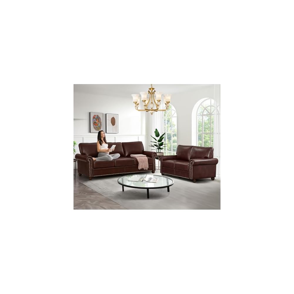 Antetek Comfy Upholstered PU Leather Sofa, 82.6-inch Mid-Century Modern Loveseat Sofas with Storage Space & Solid Bun Feet, 3-Seater Couches for Living Room Small Space, Bedroom, Red Brown