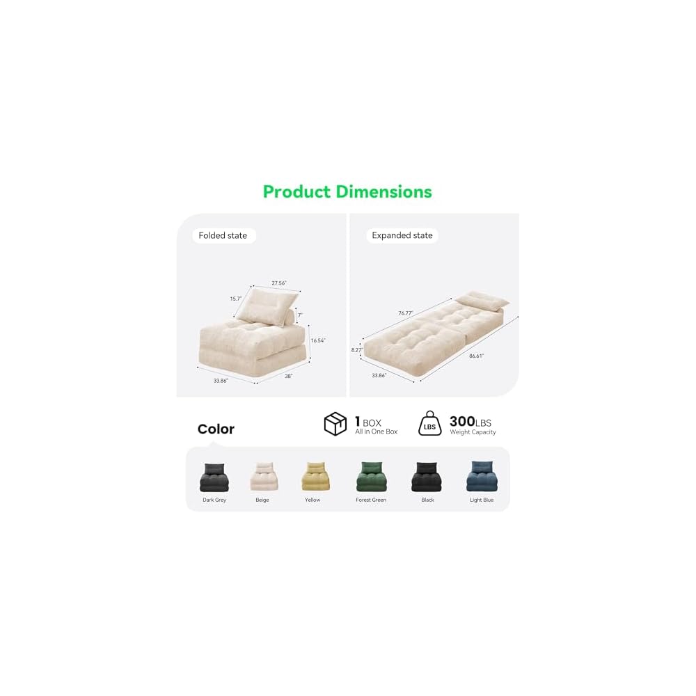 MONVANE 3-in-1 Folding Sofa Bed, Convertible Sleeper Chair Bed, Beige