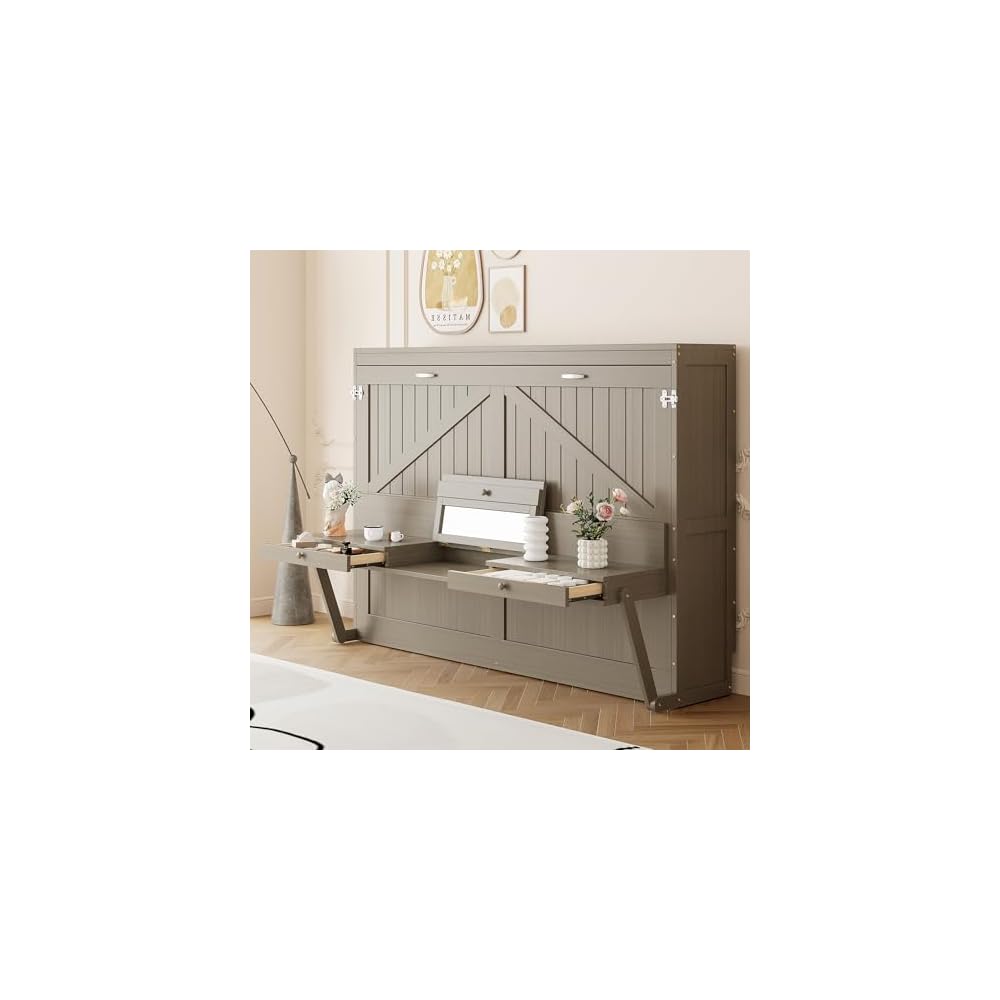 Virubi Queen Horizontal Murphy Bed with Desk and Storage Drawers & Mirror, Wood Farmhouse Folding Murphy Bed Cabinet with Side Drawers and Vanity Desk, for Adults (Distressed Gray)