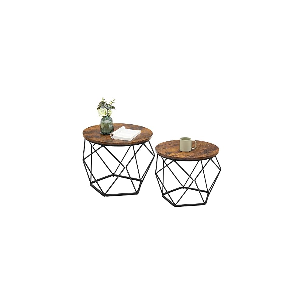 VASAGLE Small Round Coffee Table Set of 2, with Steel Frame
