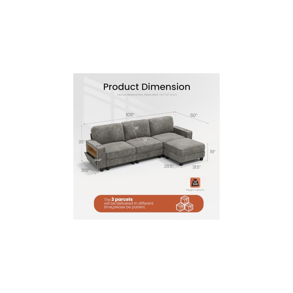 L-Shaped Sectional Couch for Living Room with Storage Drawers & Cup Holders