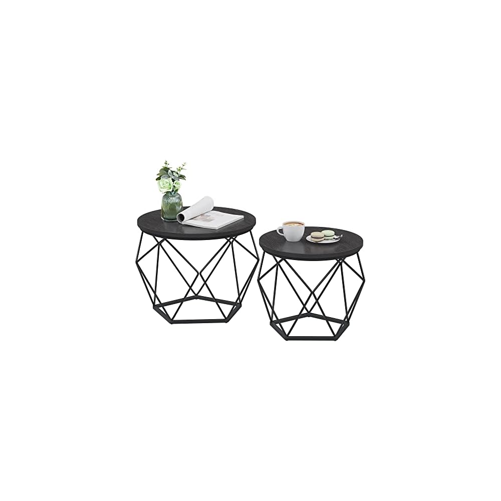VASAGLE Small Round Coffee Table Set of 2, with Steel Frame