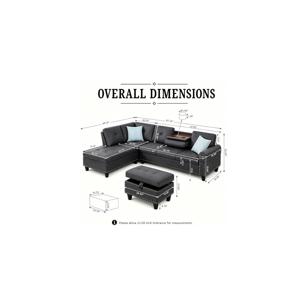98" Linen Blend L-Shaped Sectional Sofa with Ottoman, Charcoal Grey