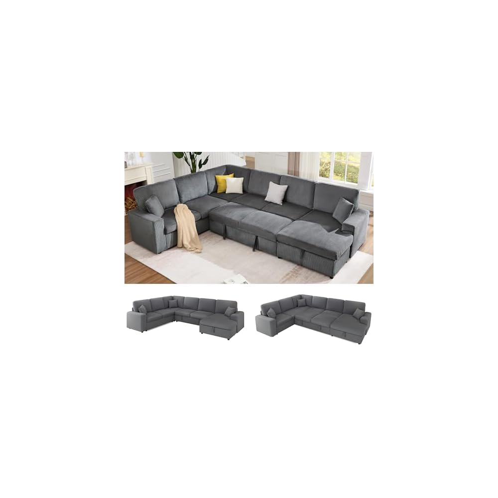 Jocisland 130" Sofa Bed, Sleeper Sofa, Pull Out Sleeper Couch with Storage, Convertible 6-Seater Sofa Bed for Living Room, Corduroy Grey
