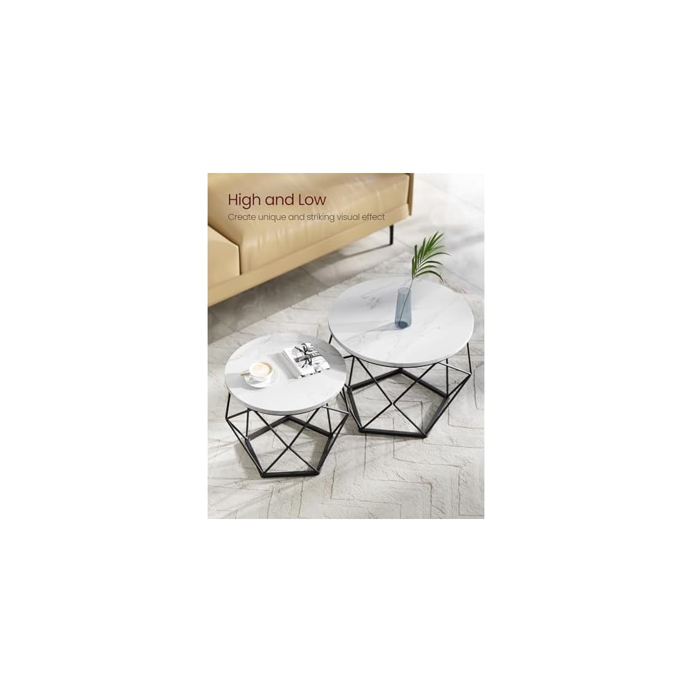 VASAGLE Small Round Coffee Table Set of 2, with Steel Frame