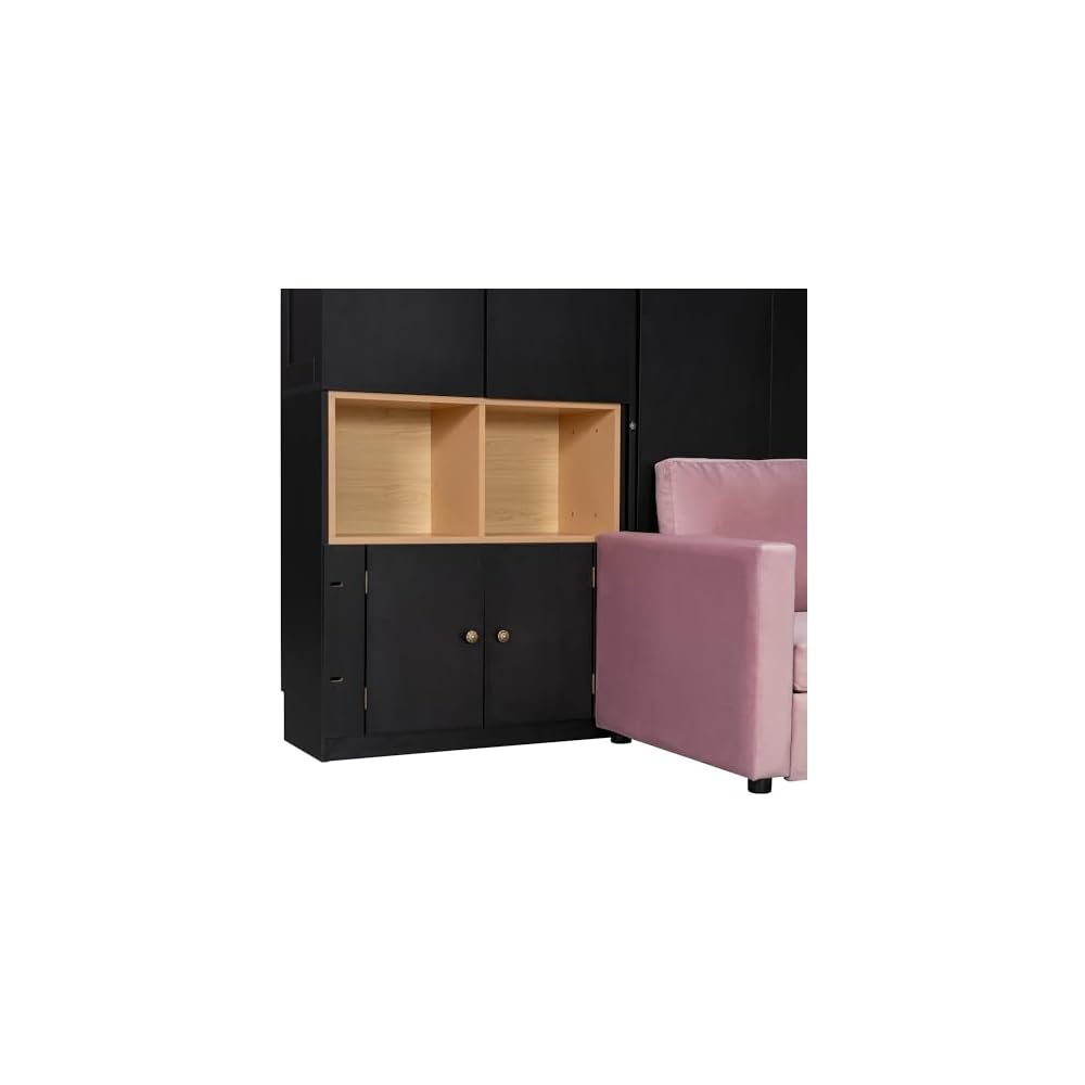 DNYN Queen Size Murphy Bed with Large Sofa and Storage Shelves for Bedroom/Guest/Study Room, Space-Saving Wooden Foldable Wall Bed Frame with Dual LED and Cabinets, No Box Spring Needed