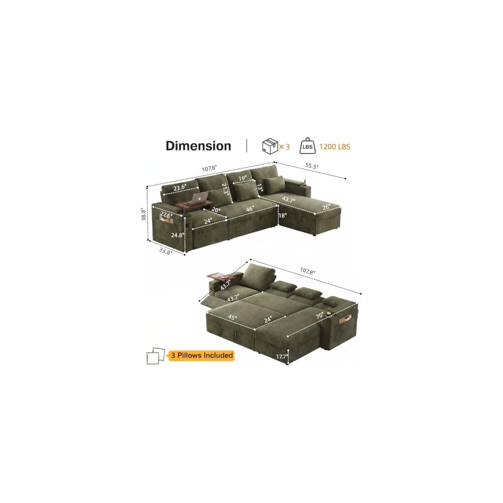 108" L Shaped Sleeper Sofa Bed,3 in 1 Pull Out Chenille Convertible Sectional Couch With Storage&Reclining Backrest For Living Room With USB|Type-C Port|Foldable Table|Cup Holder|Side Pocket,Green
