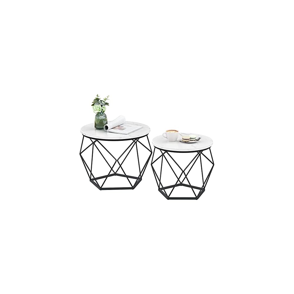 VASAGLE Small Round Coffee Table Set of 2, with Steel Frame