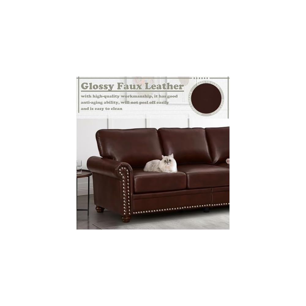 Antetek Comfy Upholstered PU Leather Sofa, 82.6-inch Mid-Century Modern Loveseat Sofas with Storage Space & Solid Bun Feet, 3-Seater Couches for Living Room Small Space, Bedroom, Red Brown