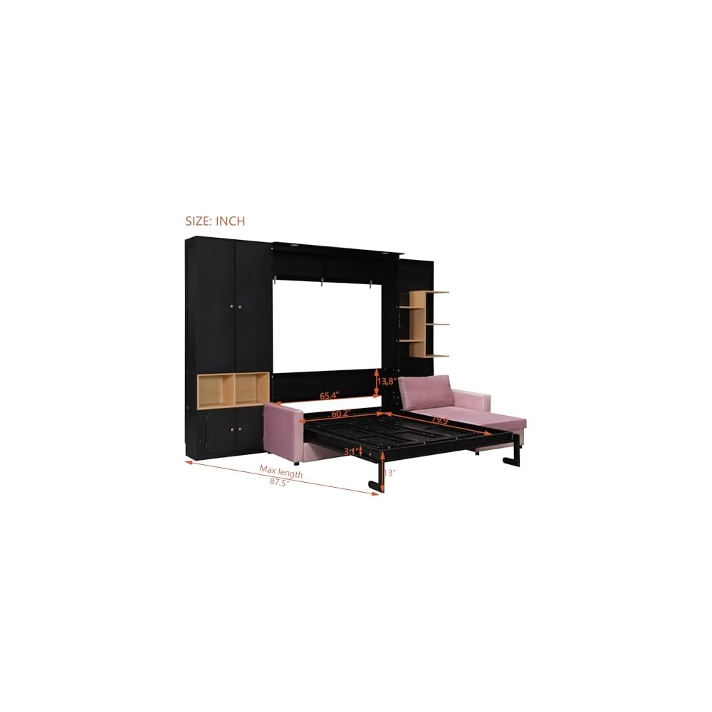 DNYN Queen Size Murphy Bed with Large Sofa and Storage Shelves for Bedroom/Guest/Study Room, Space-Saving Wooden Foldable Wall Bed Frame with Dual LED and Cabinets, No Box Spring Needed