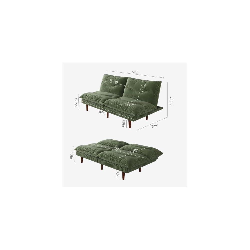 DreamDashio Futon Sofa Bed, 69'' Futon Couch with Adjustable Backrest, Folding Sleeper Recliner, Corduroy Convertible Sleeper Sofa Bed for Apartment, Living Room, Office, Green