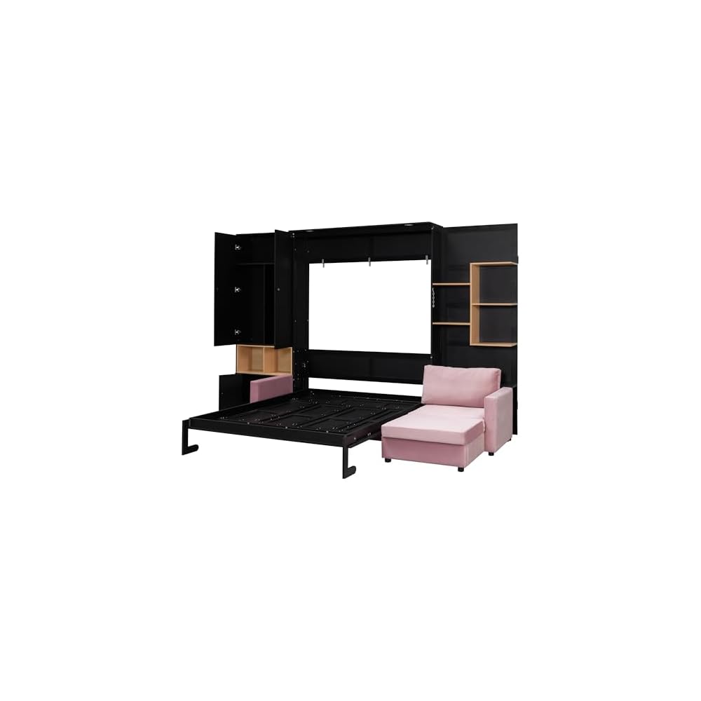 DNYN Queen Size Murphy Bed with Large Sofa and Storage Shelves for Bedroom/Guest/Study Room, Space-Saving Wooden Foldable Wall Bed Frame with Dual LED and Cabinets, No Box Spring Needed