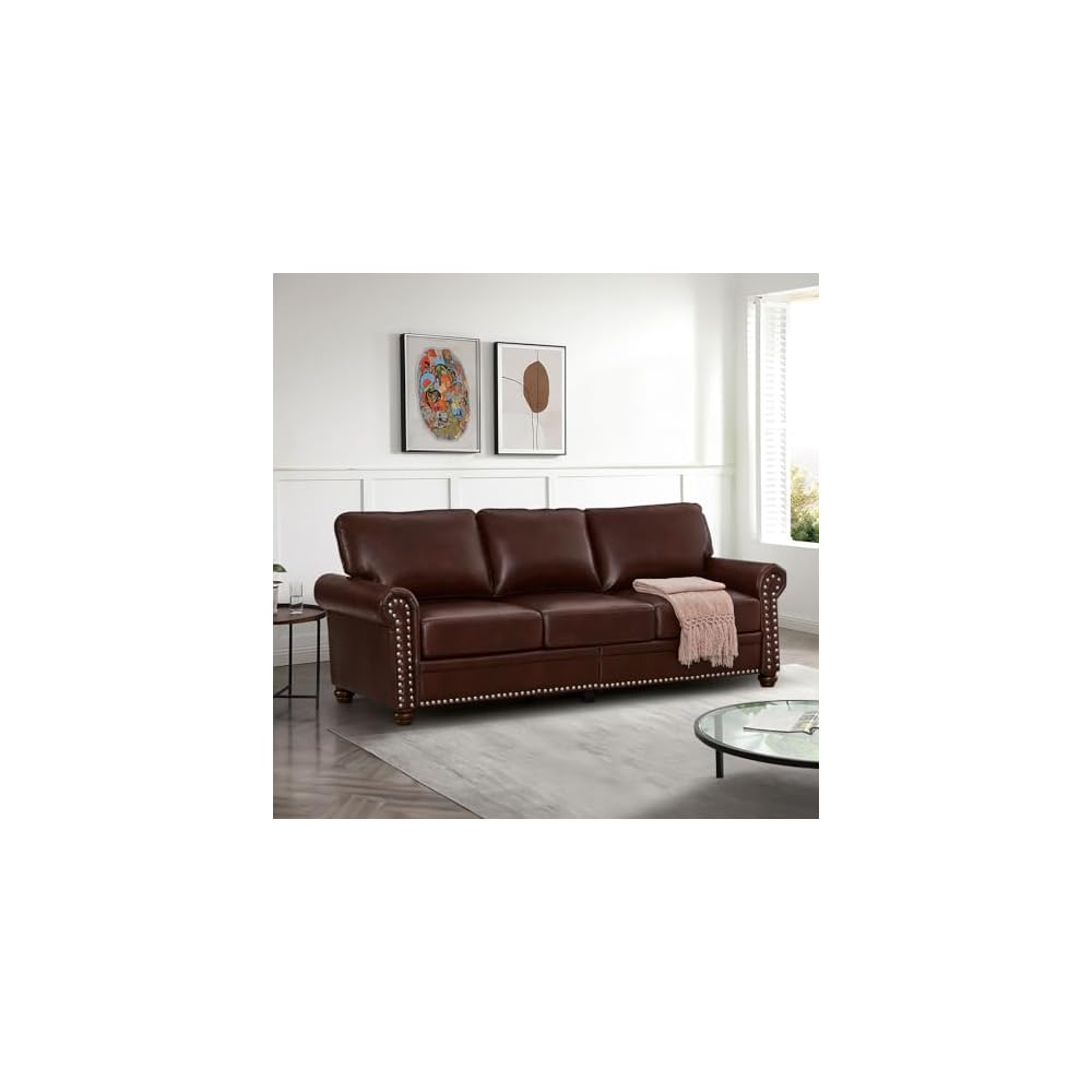 Antetek Comfy Upholstered PU Leather Sofa, 82.6-inch Mid-Century Modern Loveseat Sofas with Storage Space & Solid Bun Feet, 3-Seater Couches for Living Room Small Space, Bedroom, Red Brown