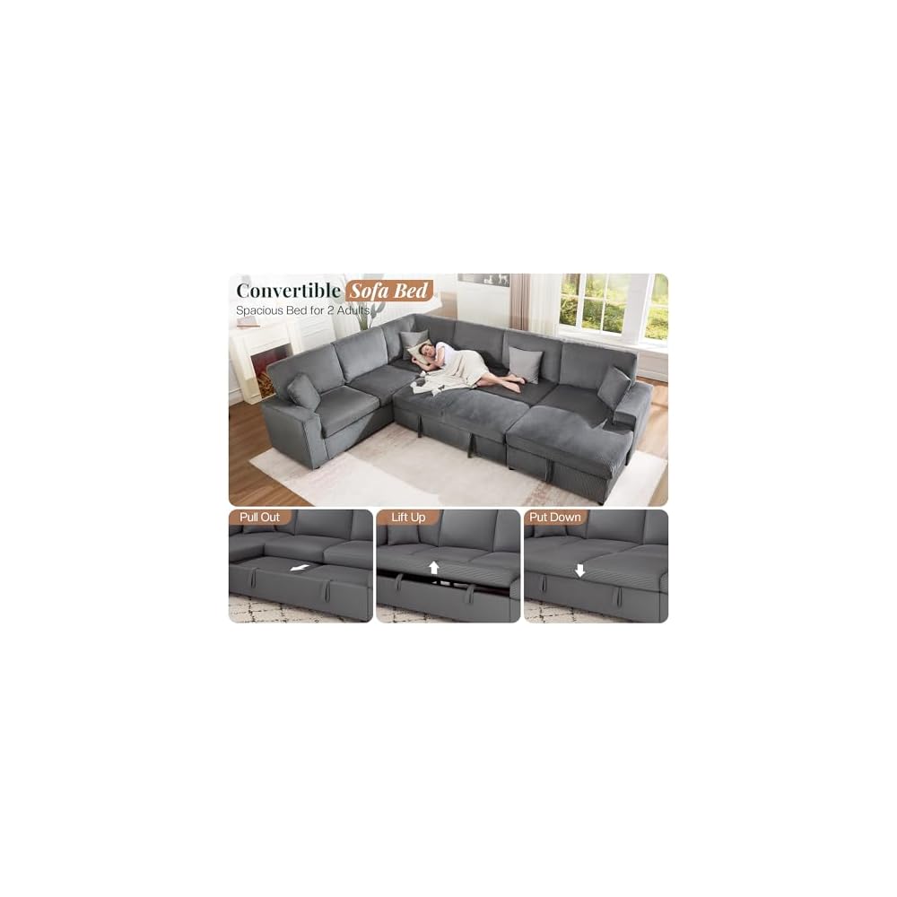 Jocisland 130" Sofa Bed, Sleeper Sofa, Pull Out Sleeper Couch with Storage, Convertible 6-Seater Sofa Bed for Living Room, Corduroy Grey