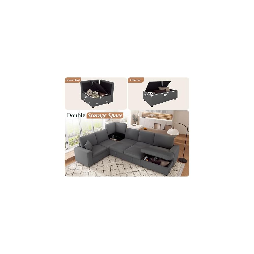 Jocisland 130" Sofa Bed, Sleeper Sofa, Pull Out Sleeper Couch with Storage, Convertible 6-Seater Sofa Bed for Living Room, Corduroy Grey