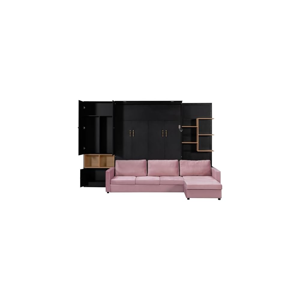 DNYN Queen Size Murphy Bed with Large Sofa and Storage Shelves for Bedroom/Guest/Study Room, Space-Saving Wooden Foldable Wall Bed Frame with Dual LED and Cabinets, No Box Spring Needed
