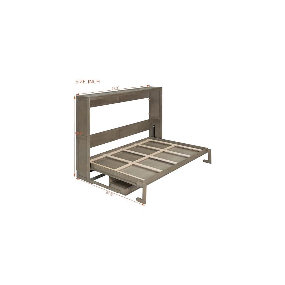 Virubi Queen Horizontal Murphy Bed with Desk and Storage Drawers & Mirror, Wood Farmhouse Folding Murphy Bed Cabinet with Side Drawers and Vanity Desk, for Adults (Distressed Gray)