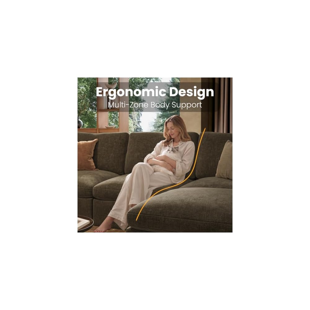 110" Cloud Sectional Couches for Living Room, Convertible L Shape Boneless Couch with Ottoman, Oversized Modular Cloud Sofa Set, 3 Seat Deep Comfy Sofa for Bedroom Apartment, Chenille, Coffee Brown