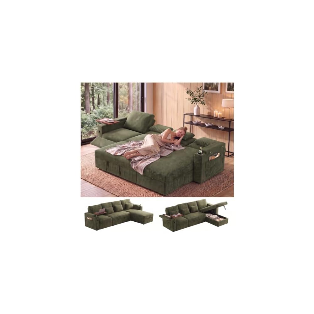 108" L Shaped Sleeper Sofa Bed,3 in 1 Pull Out Chenille Convertible Sectional Couch With Storage&Reclining Backrest For Living Room With USB|Type-C Port|Foldable Table|Cup Holder|Side Pocket,Green