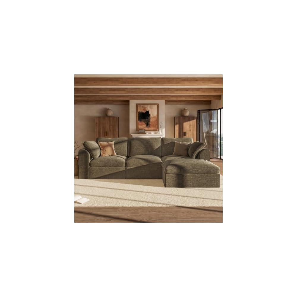 110" Cloud Sectional Couches for Living Room, Convertible L Shape Boneless Couch with Ottoman, Oversized Modular Cloud Sofa Set, 3 Seat Deep Comfy Sofa for Bedroom Apartment, Chenille, Coffee Brown