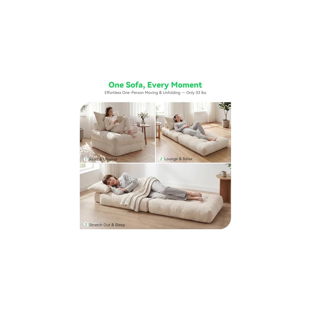 MONVANE 3-in-1 Folding Sofa Bed, Convertible Sleeper Chair Bed, Beige