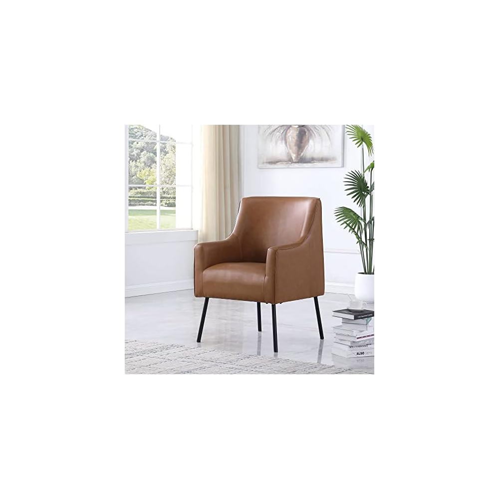 HomePop Modern Accent Chair, Homepop Home Décor, Accent Chairs for Living Room & Bedroom, Fabric Reading Living Room Side Chair, Single Sofa with Lounge Seat and Metal Legs- Carmel Faux Leather
