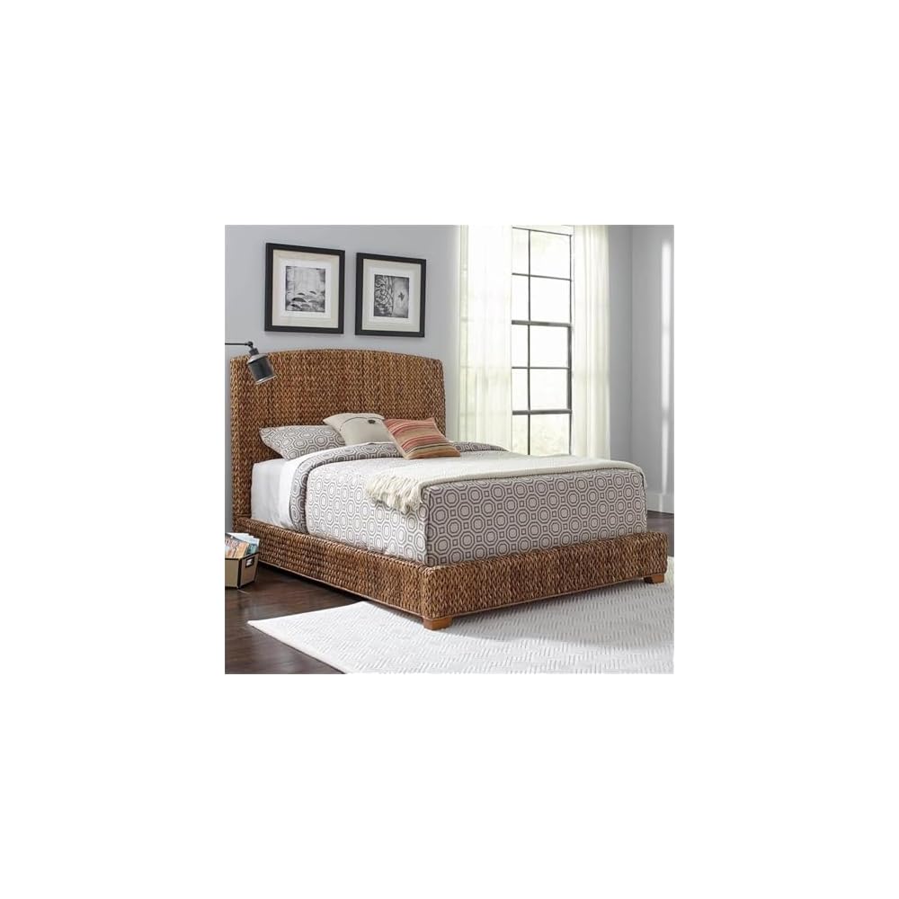 BOWERY HILL California King Panel Bed, Woven Banana Leaf Headboard and Footboard, Amber and Honey Finish, Tropical Style, 55" H x 78.75" W x 92.25" D, Durable Design for Bedroom Comfort