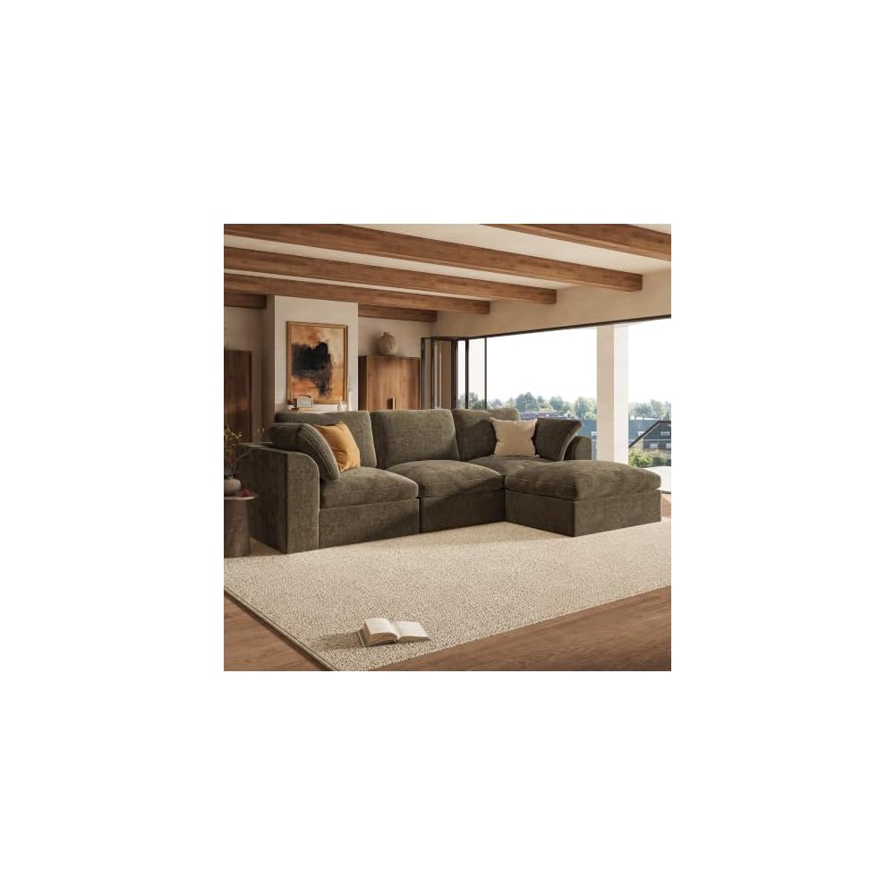 110" Cloud Sectional Couches for Living Room, Convertible L Shape Boneless Couch with Ottoman, Oversized Modular Cloud Sofa Set, 3 Seat Deep Comfy Sofa for Bedroom Apartment, Chenille, Coffee Brown