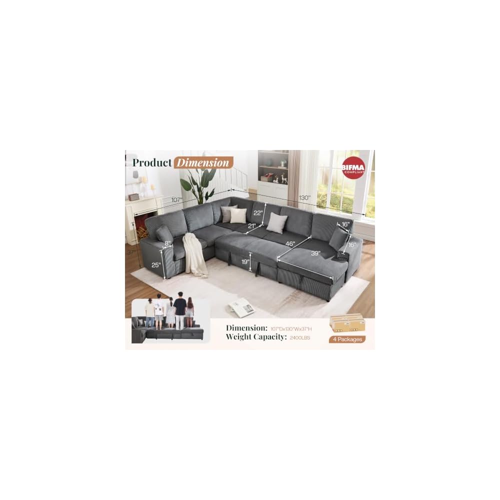 Jocisland 130" Sofa Bed, Sleeper Sofa, Pull Out Sleeper Couch with Storage, Convertible 6-Seater Sofa Bed for Living Room, Corduroy Grey