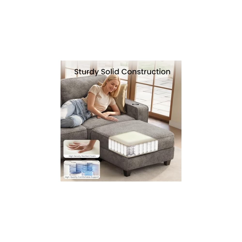 L-Shaped Sectional Couch for Living Room with Storage Drawers & Cup Holders