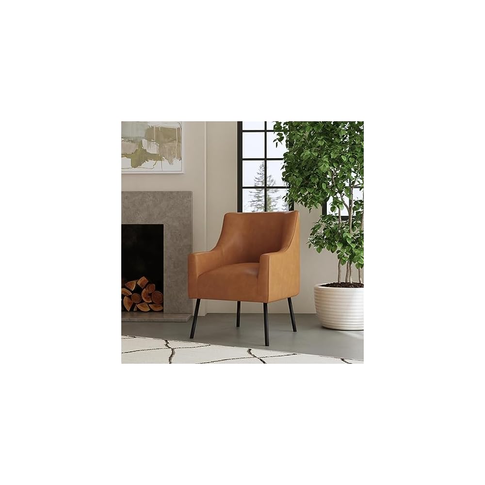 HomePop Modern Accent Chair, Homepop Home Décor, Accent Chairs for Living Room & Bedroom, Fabric Reading Living Room Side Chair, Single Sofa with Lounge Seat and Metal Legs- Carmel Faux Leather