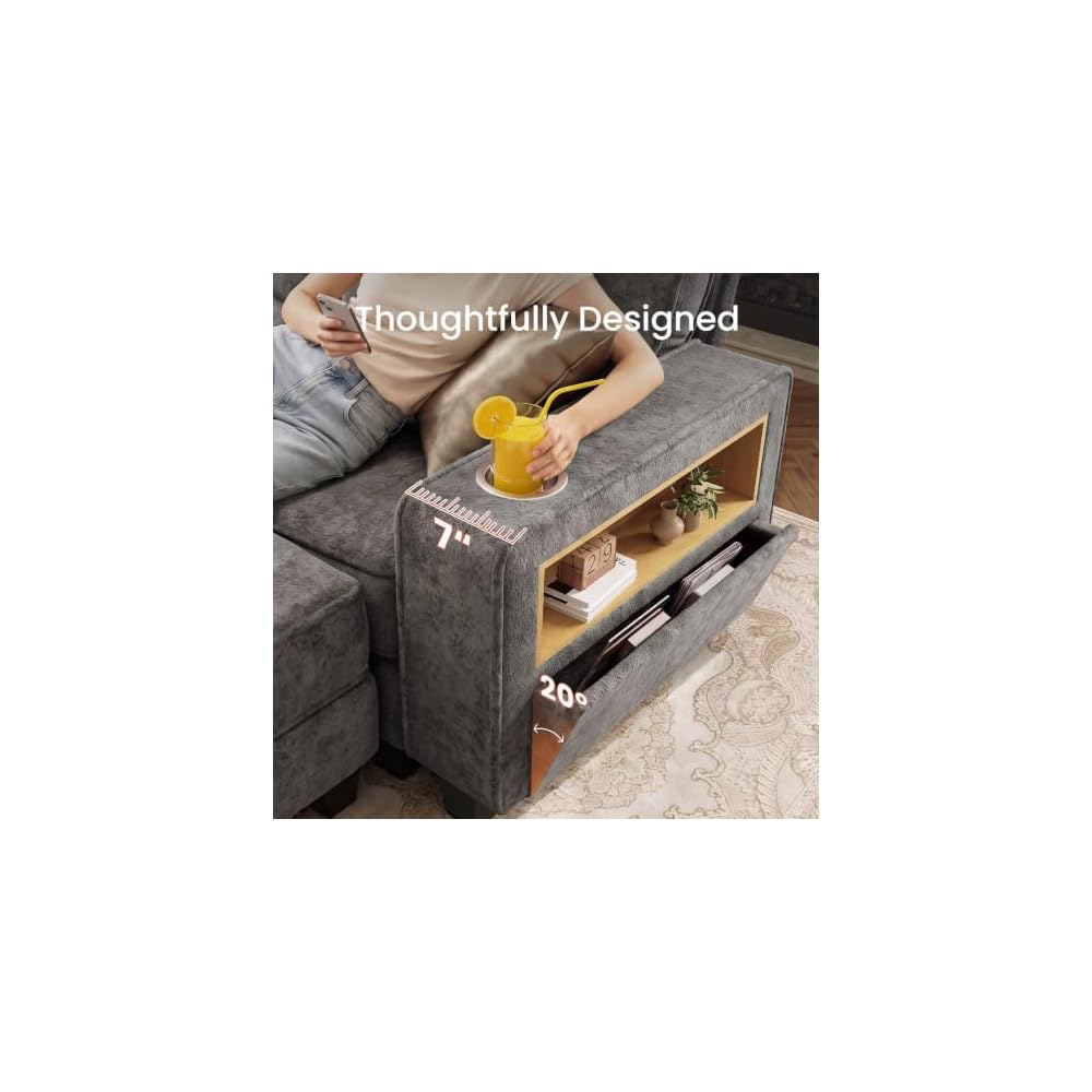 L-Shaped Sectional Couch for Living Room with Storage Drawers & Cup Holders