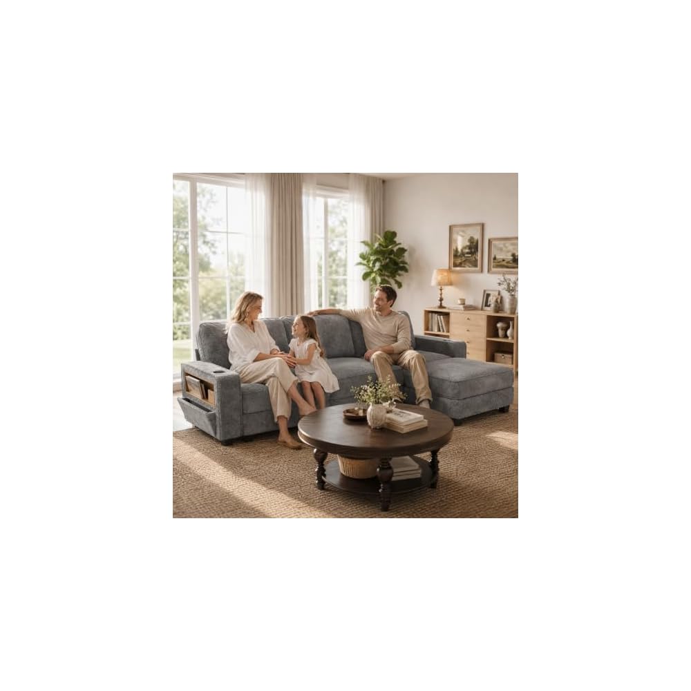 L-Shaped Sectional Couch for Living Room with Storage Drawers & Cup Holders