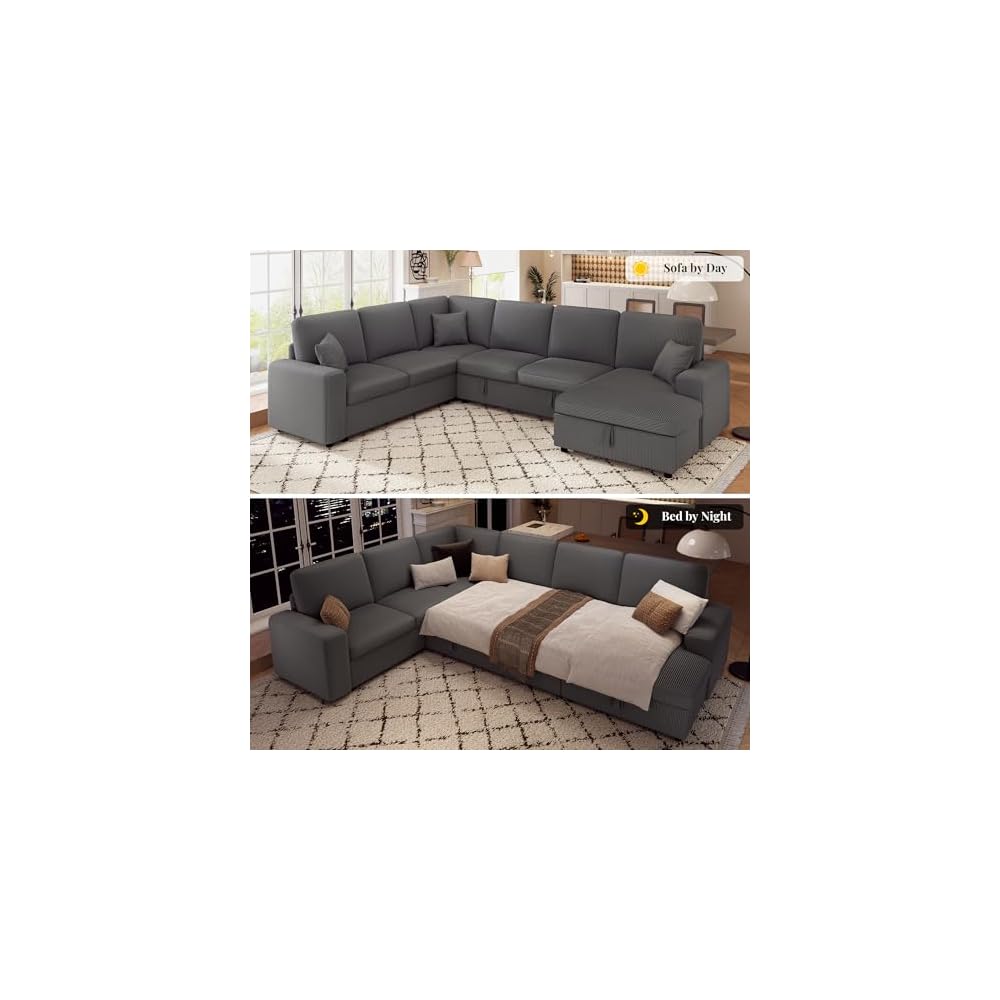 Jocisland 130" Sofa Bed, Sleeper Sofa, Pull Out Sleeper Couch with Storage, Convertible 6-Seater Sofa Bed for Living Room, Corduroy Grey