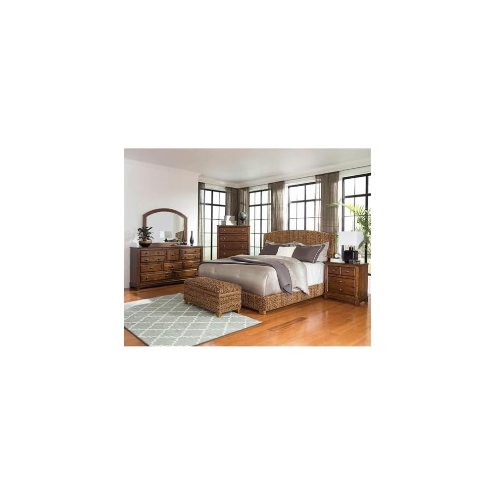 BOWERY HILL California King Panel Bed, Woven Banana Leaf Headboard and Footboard, Amber and Honey Finish, Tropical Style, 55" H x 78.75" W x 92.25" D, Durable Design for Bedroom Comfort