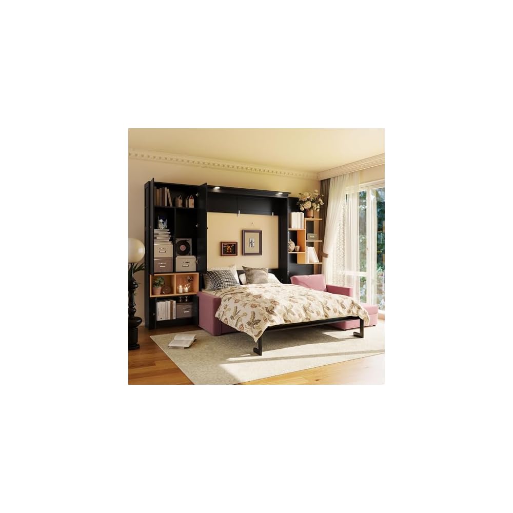 DNYN Queen Size Murphy Bed with Large Sofa and Storage Shelves for Bedroom/Guest/Study Room, Space-Saving Wooden Foldable Wall Bed Frame with Dual LED and Cabinets, No Box Spring Needed