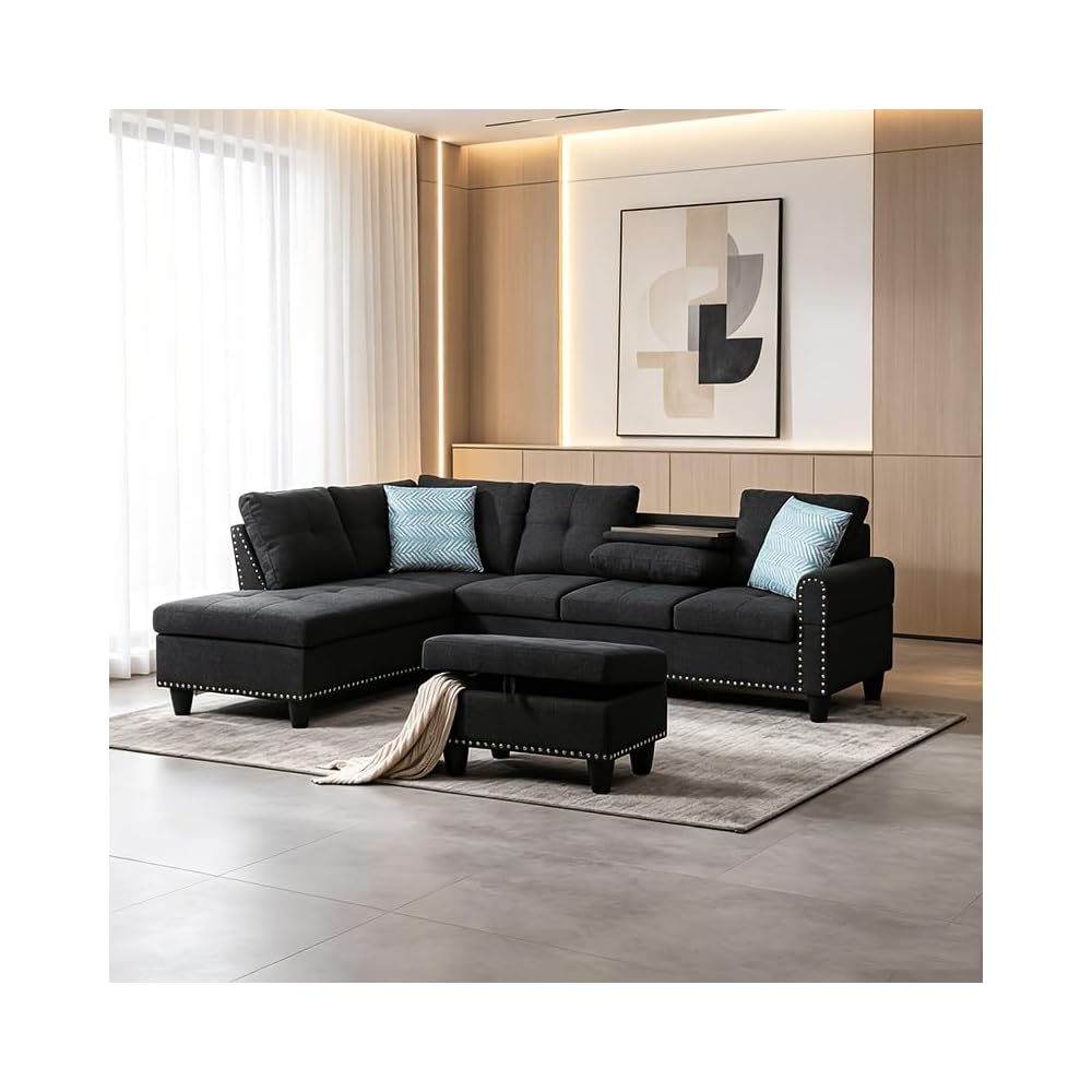 98" Linen Blend L-Shaped Sectional Sofa with Ottoman, Charcoal Grey