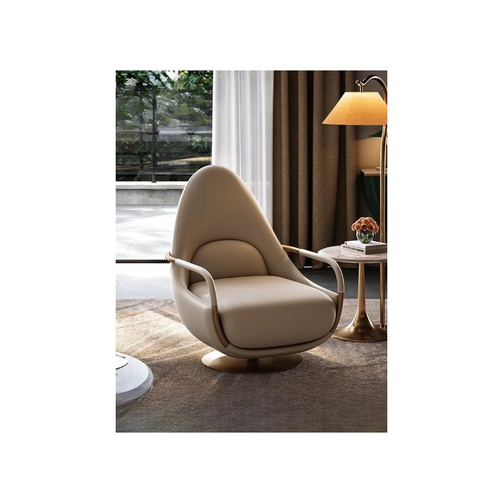 Luxury Swivel Accent Chair – Modern Genuine Leather Lounge Chair with 360° Rotation for Living Room Bedroom Reading Corner (Beige)