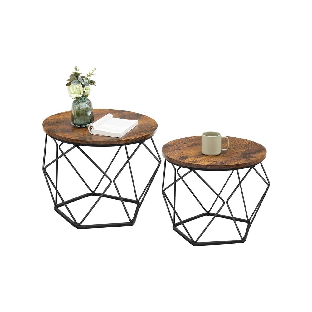 VASAGLE Small Round Coffee Table Set of 2, with Steel Frame