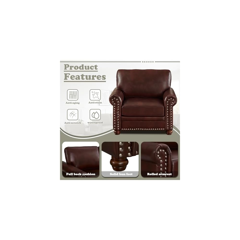 Antetek Comfy Upholstered PU Leather Sofa, 82.6-inch Mid-Century Modern Loveseat Sofas with Storage Space & Solid Bun Feet, 3-Seater Couches for Living Room Small Space, Bedroom, Red Brown