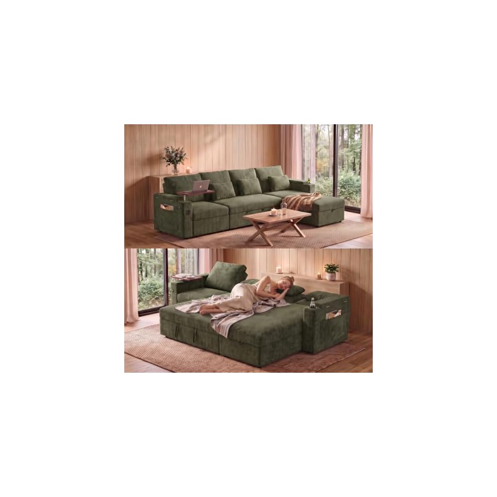 108" L Shaped Sleeper Sofa Bed,3 in 1 Pull Out Chenille Convertible Sectional Couch With Storage&Reclining Backrest For Living Room With USB|Type-C Port|Foldable Table|Cup Holder|Side Pocket,Green