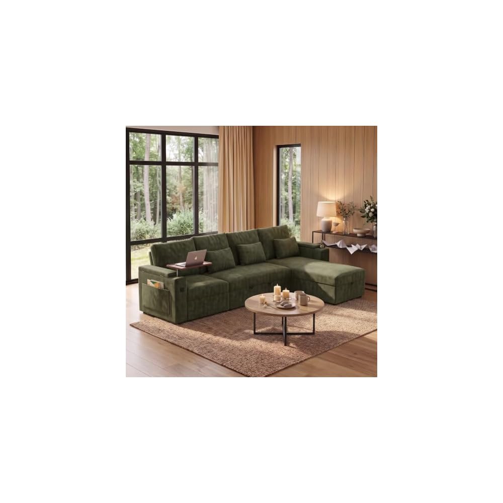 108" L Shaped Sleeper Sofa Bed,3 in 1 Pull Out Chenille Convertible Sectional Couch With Storage&Reclining Backrest For Living Room With USB|Type-C Port|Foldable Table|Cup Holder|Side Pocket,Green