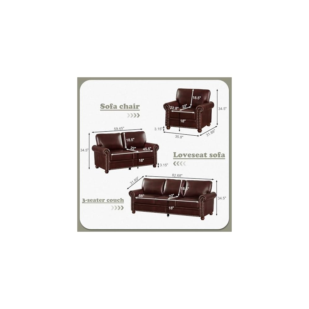 Antetek Comfy Upholstered PU Leather Sofa, 82.6-inch Mid-Century Modern Loveseat Sofas with Storage Space & Solid Bun Feet, 3-Seater Couches for Living Room Small Space, Bedroom, Red Brown