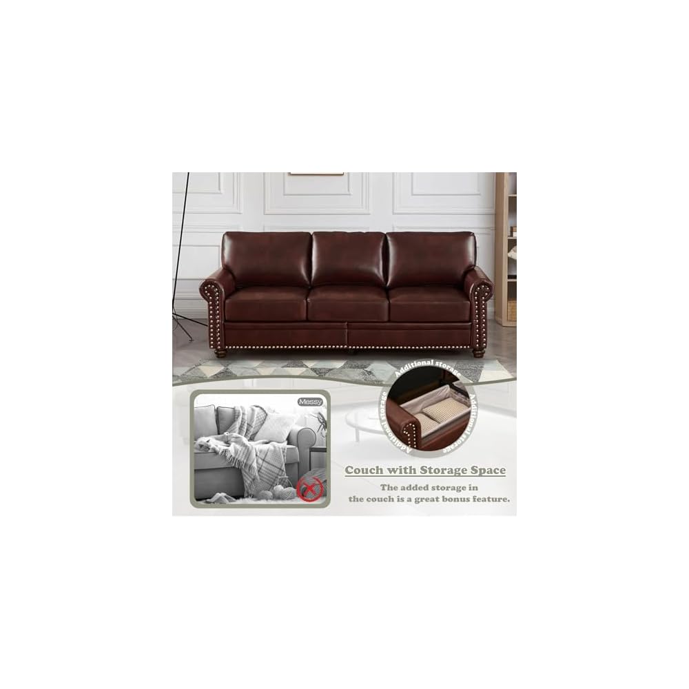 Antetek Comfy Upholstered PU Leather Sofa, 82.6-inch Mid-Century Modern Loveseat Sofas with Storage Space & Solid Bun Feet, 3-Seater Couches for Living Room Small Space, Bedroom, Red Brown